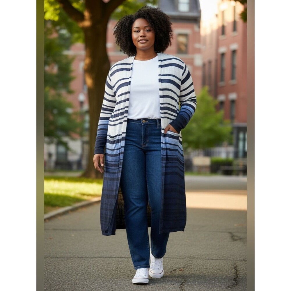 Chico’s Linen Blend Striped Ombre Open Front Cardigan Navy & White 3 16 XL